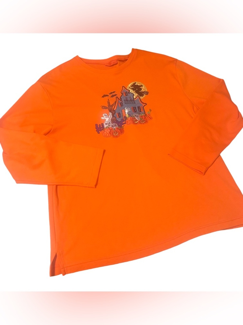 Vintage 1990's Halloween Appliquéd Embrodiered Long Sleeve Orange Knit Top Tee
